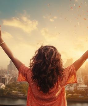 wellness for substance user - a joyful girl with open hands in front of densely populated metropolitan city3