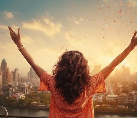 wellness for substance user - a joyful girl with open hands in front of densely populated metropolitan city3