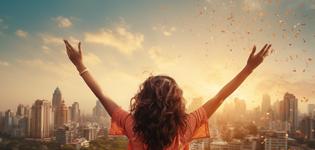 wellness for substance user - a joyful girl with open hands in front of densely populated metropolitan city3